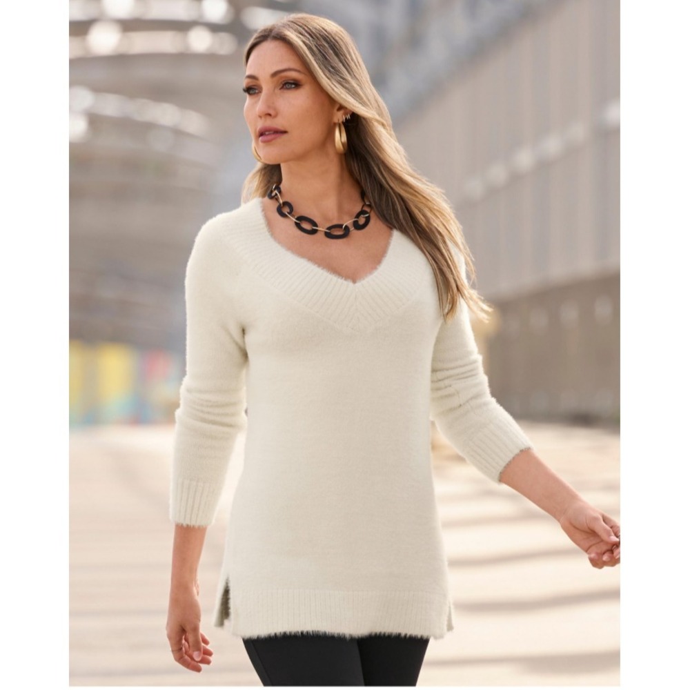 Boston Proper Cozy V-Neck Sweater Women Sz L Off White Pullover Fuzzy Preppy